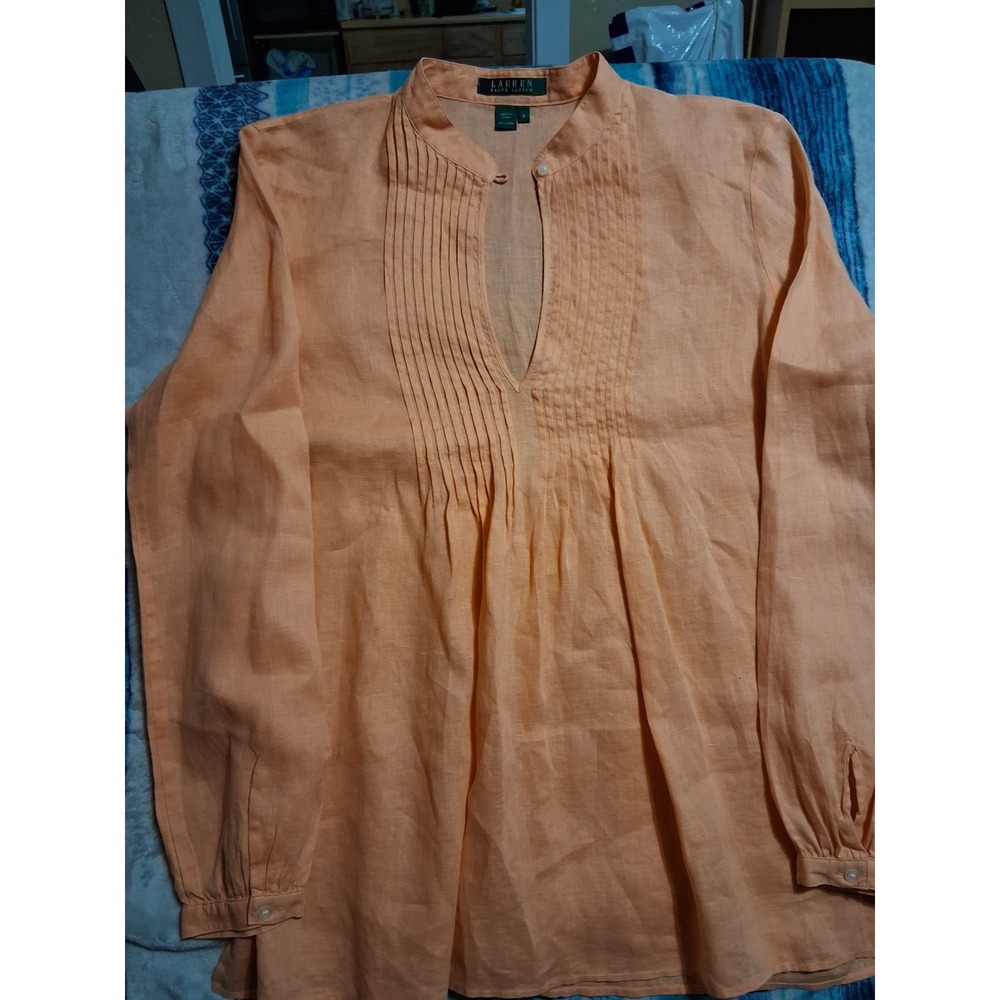 Lauren Ralph Lauren Womens Medium Orange 100% Linen Pintuck Pleat Tunic Blouse